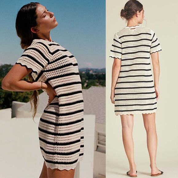 NEW Bords of Paradis by Trovata Mer Loose Knit Antique Whote Striped Mini Dress